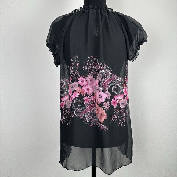 Chaudry KC Top Womens Small Black Sheer Pleated Loose Flowy Tropical Floral NEW - Picture 8 of 13